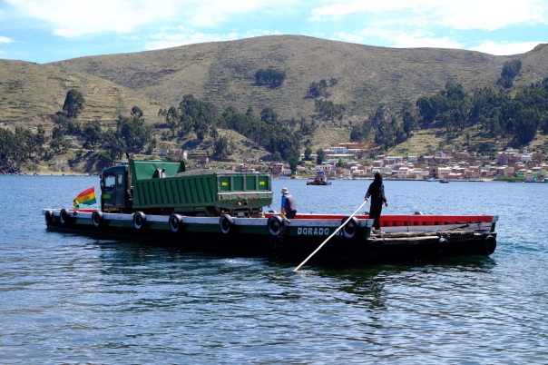 Barge crossing at Lake Titicaca - Our bus looked so unstable on it!